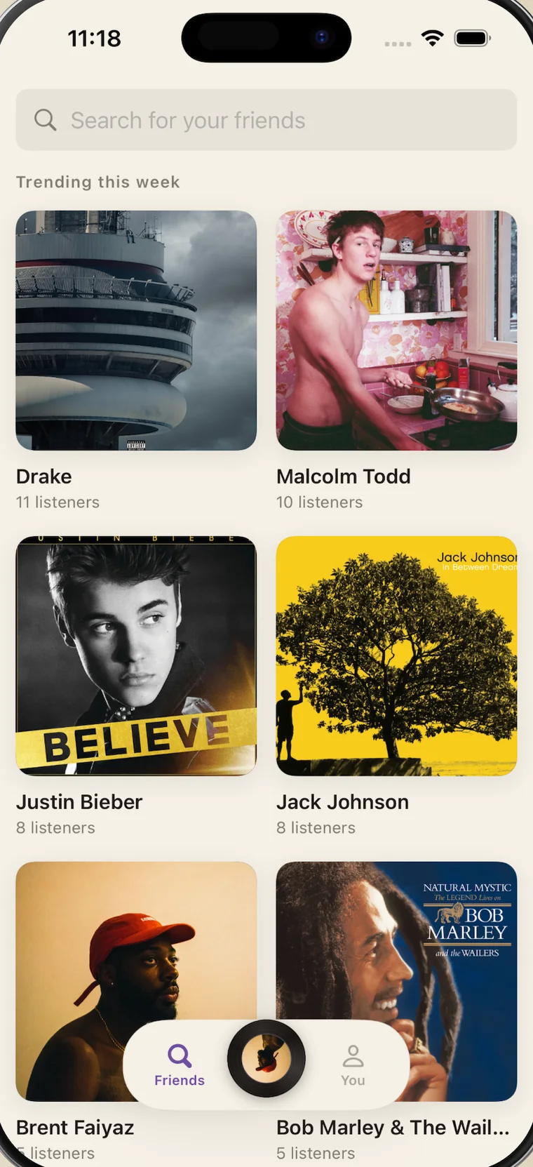 Cue's Friends tab: a search field and a grid of the artists trending among the people you follow this week.