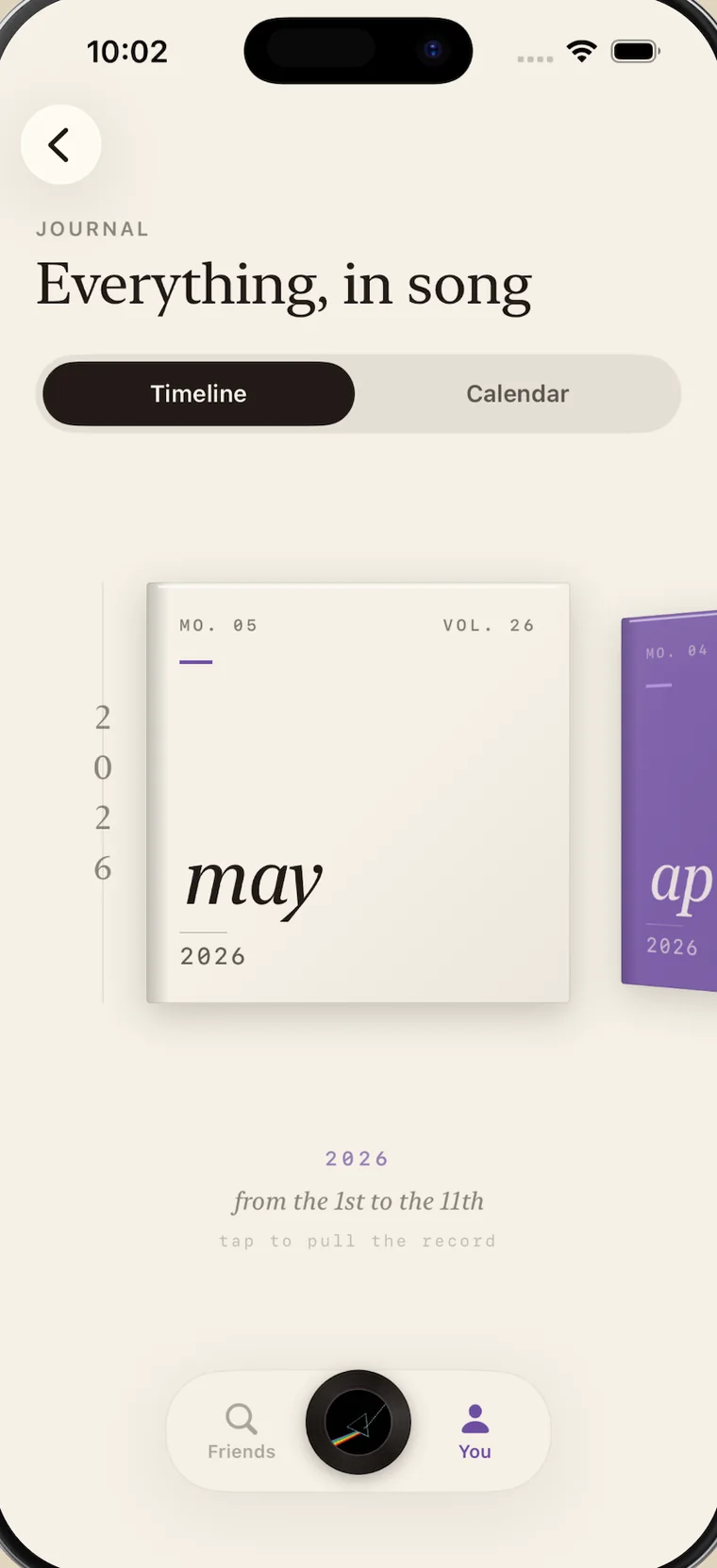 Cue's journal: months stacked as records on a timeline, May 2026 pulled to the front.