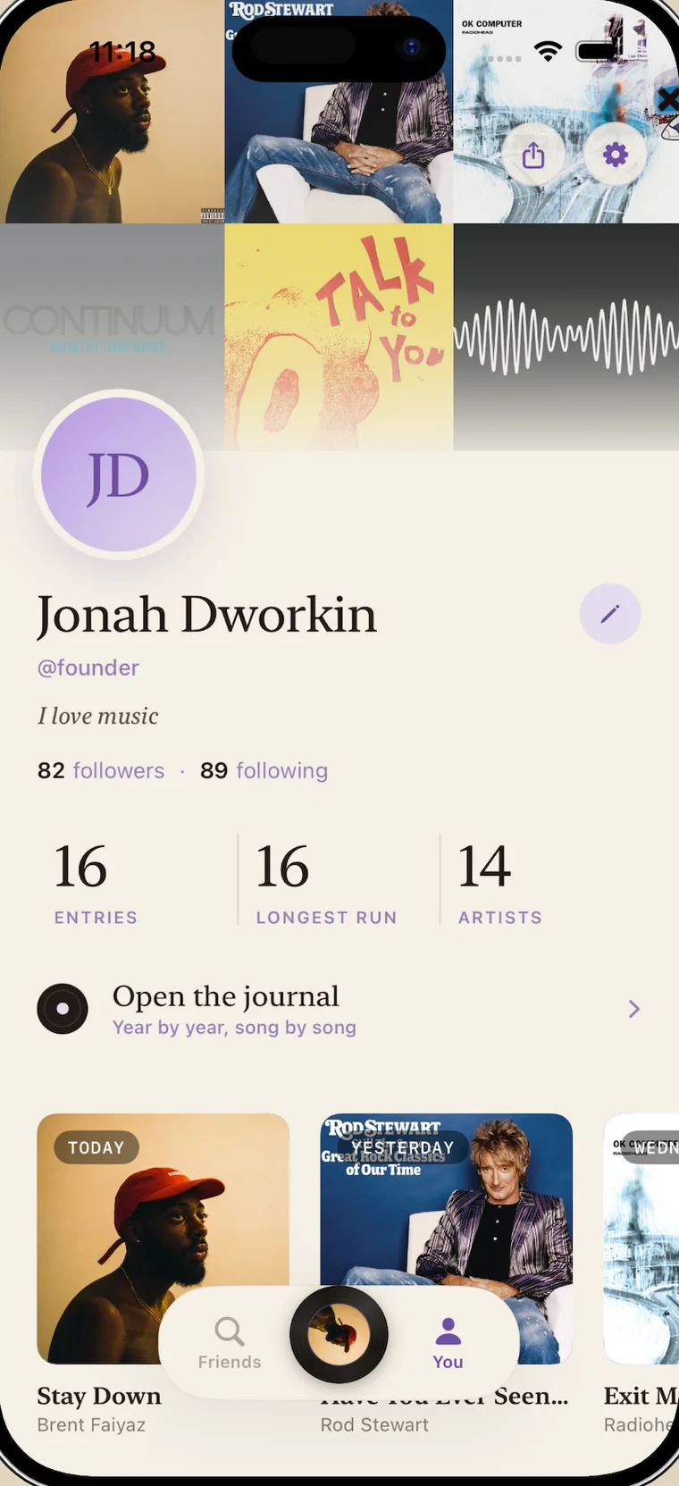 A Cue profile: a mosaic of album covers, entry and streak counts, and recent songs.